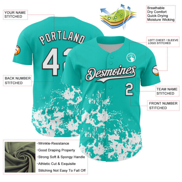 Custom Aqua White-Black Splatter Authentic Baseball Jersey