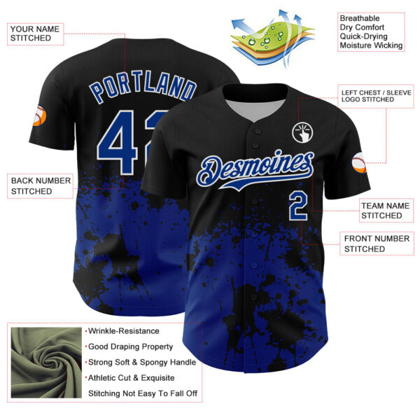 Custom Black Royal-White Abstract Splatter Grunge Authentic Baseball Jersey