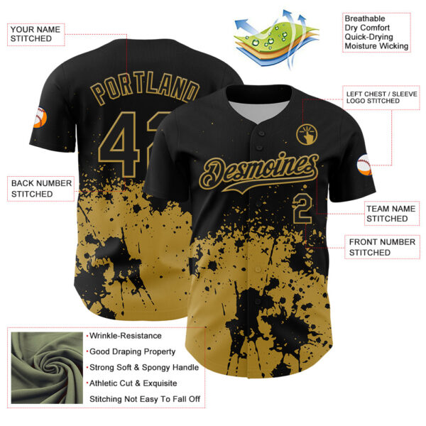 Custom Black Old Gold Abstract Splatter Grunge Authentic Baseball Jersey