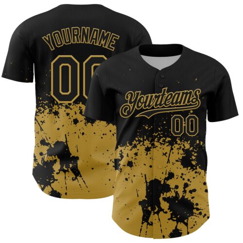 3DPattern13131 Custom Black Old Gold Abstract Splatter Grunge Authentic Baseball Jersey