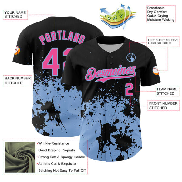 Custom Black Pink-Light Blue Abstract Splatter Grunge Authentic Baseball Jersey