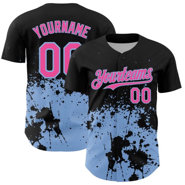 Custom Black Pink-Light Blue Abstract Splatter Grunge Authentic Baseball Jersey