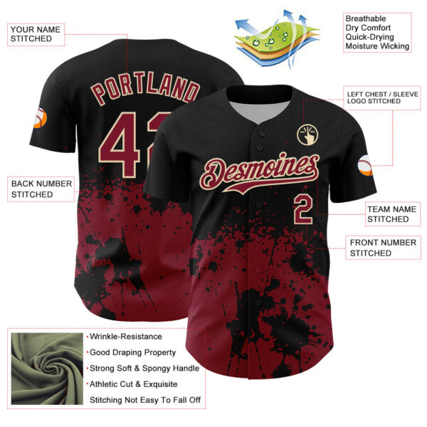 Custom Black Crimson-Cream Abstract Splatter Grunge Authentic Baseball Jersey