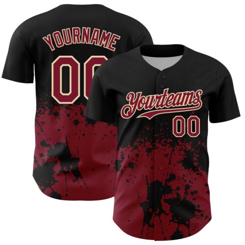 3DPattern13133 Custom Black Crimson-Cream Abstract Splatter Grunge Authentic Baseball Jersey