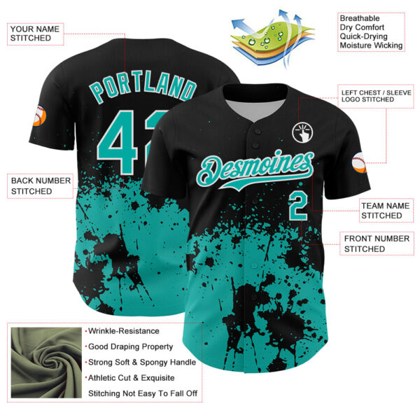 Custom Black Aqua-White Abstract Splatter Grunge Authentic Baseball Jersey
