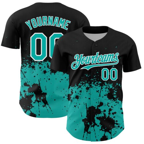 3DPattern13135 Custom Black Aqua-White Abstract Splatter Grunge Authentic Baseball Jersey