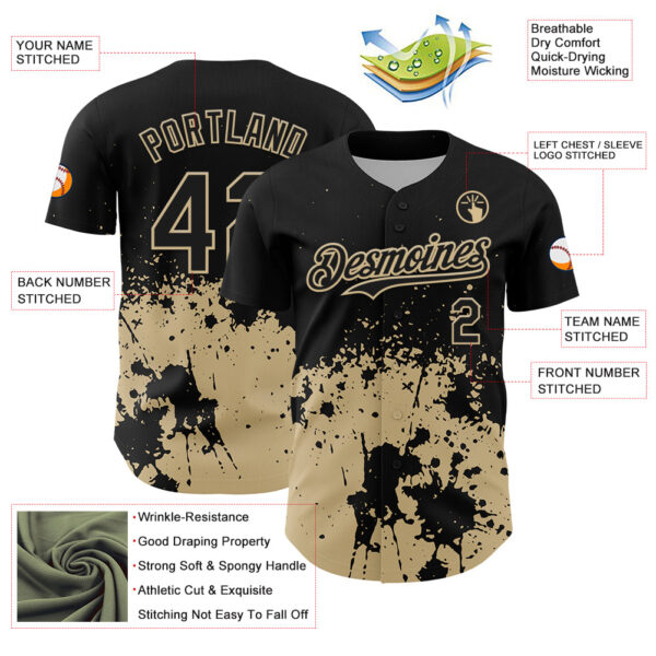 Custom Black Vegas Gold Abstract Splatter Grunge Authentic Baseball Jersey