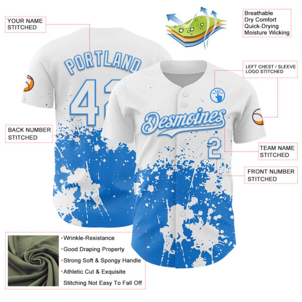 Custom White Powder Blue Abstract Splatter Grunge Authentic Baseball Jersey