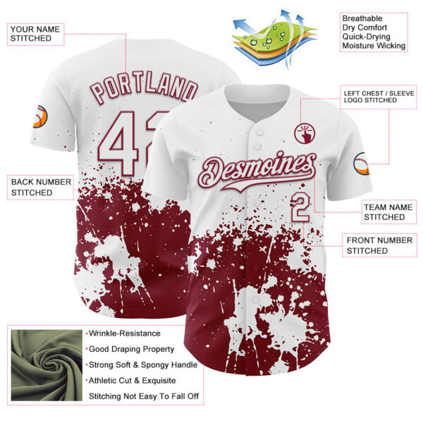 Custom White Crimson Abstract Splatter Grunge Authentic Baseball Jersey