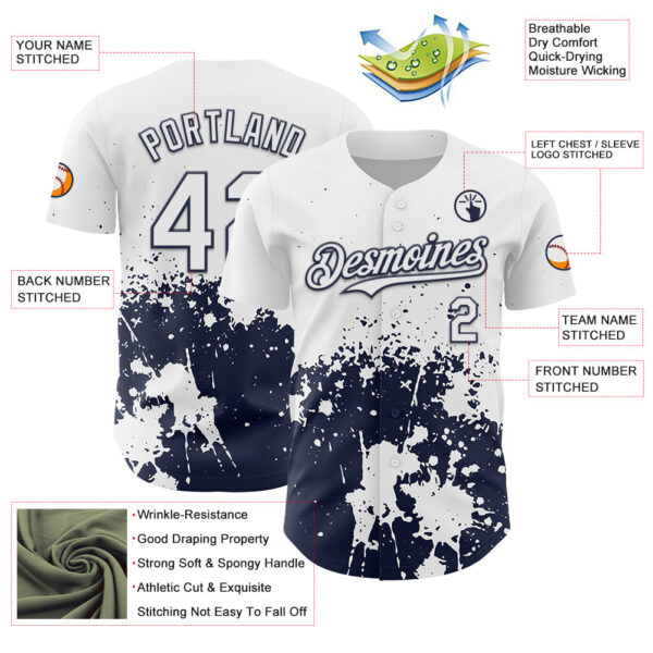 Custom White Navy Abstract Splatter Grunge Authentic Baseball Jersey