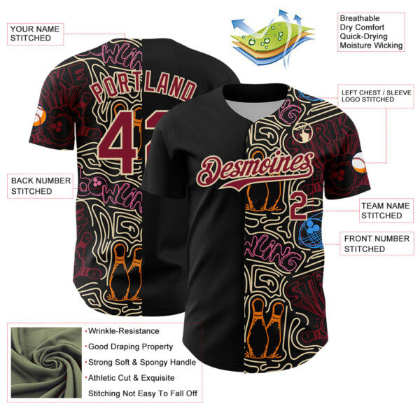Custom Black Crimson-Cream Bowling Doodle Split Authentic Baseball Jersey