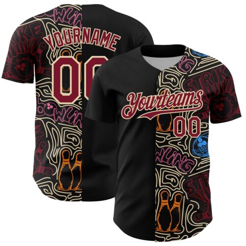 3DPattern13192 Custom Black Crimson-Cream Bowling Doodle Split Authentic Baseball Jersey