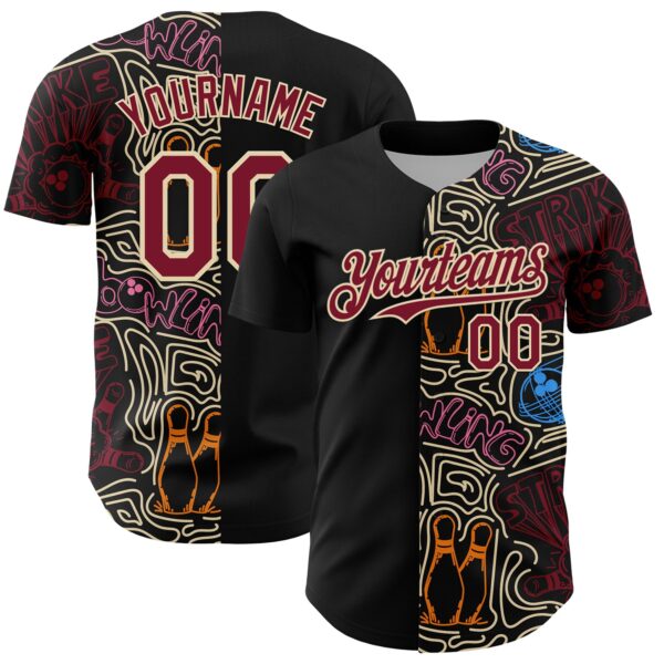 Custom Black Crimson-Cream Bowling Doodle Split Authentic Baseball Jersey