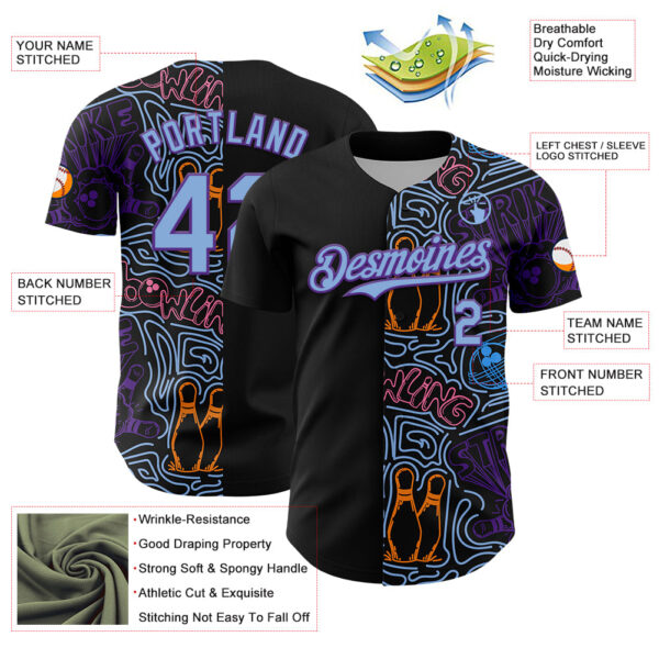 Custom Black Light Blue-Purple Bowling Doodle Split Authentic Baseball Jersey