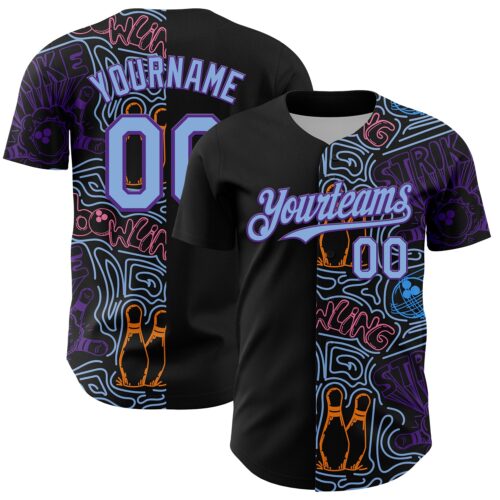 3DPattern13193 Custom Black Light Blue-Purple Bowling Doodle Split Authentic Baseball Jersey