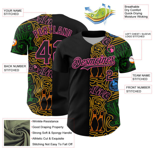 Custom Black Pink Grass Green-Gold Bowling Doodle Split Authentic Baseball Jersey