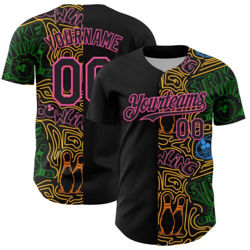 3DPattern13194 Custom Black Pink Grass Green-Gold Bowling Doodle Split Authentic Baseball Jersey