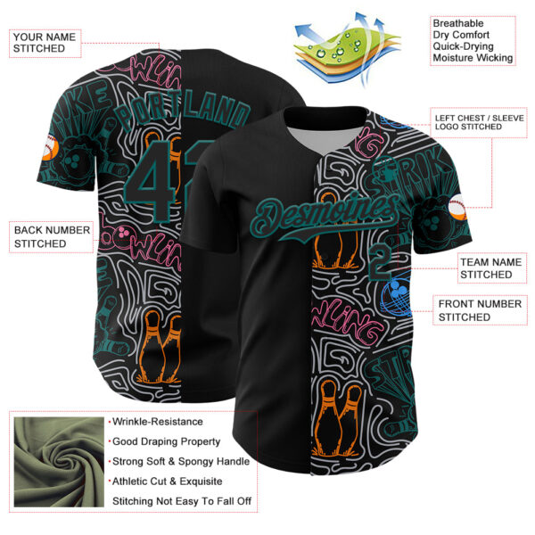 Custom Black Teal-Gray Bowling Doodle Split Authentic Baseball Jersey