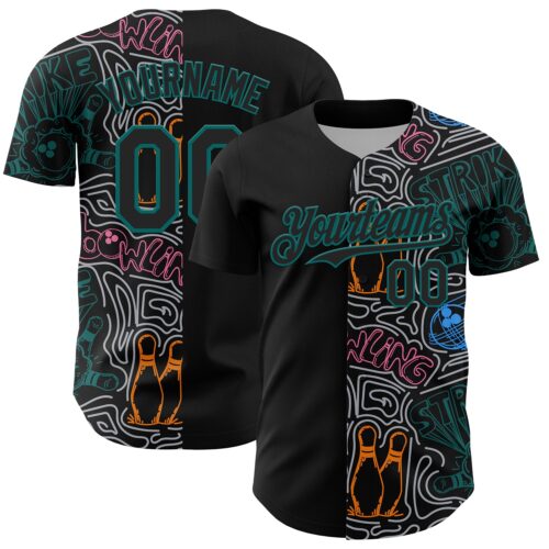 3DPattern13195 Custom Black Teal-Gray Bowling Doodle Split Authentic Baseball Jersey
