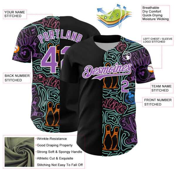 Custom Black Medium Purple White-Ice Blue Bowling Doodle Split Authentic Baseball Jersey