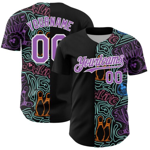 3DPattern13196 Custom Black Medium Purple White-Ice Blue Bowling Doodle Split Authentic Baseball Jersey