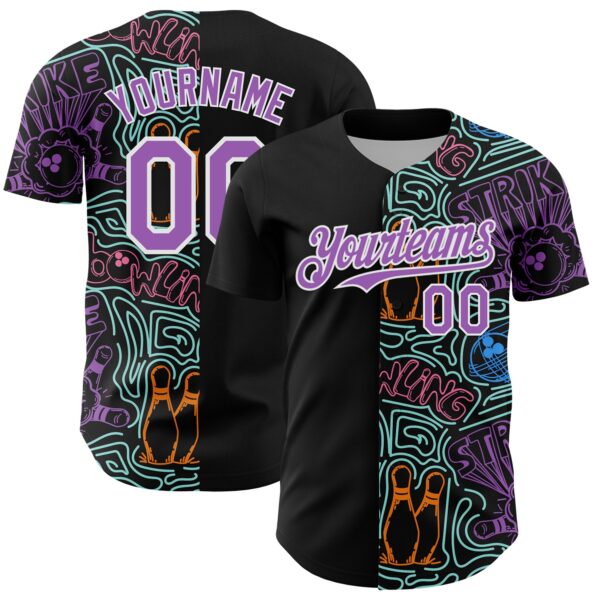 Custom Black Medium Purple White-Ice Blue Bowling Doodle Split Authentic Baseball Jersey