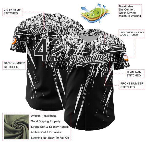Custom Black White Distressed Scratch Brush Stroke Authentic Baseball Jersey