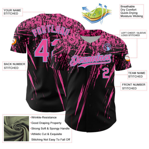 Custom Black Pink-Light Blue Distressed Scratch Brush Stroke Authentic Baseball Jersey