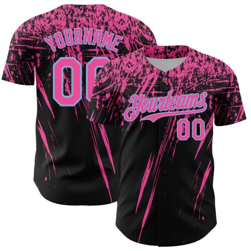 3DPattern13419 Custom Black Pink-Light Blue Distressed Scratch Brush Stroke Authentic Baseball Jersey