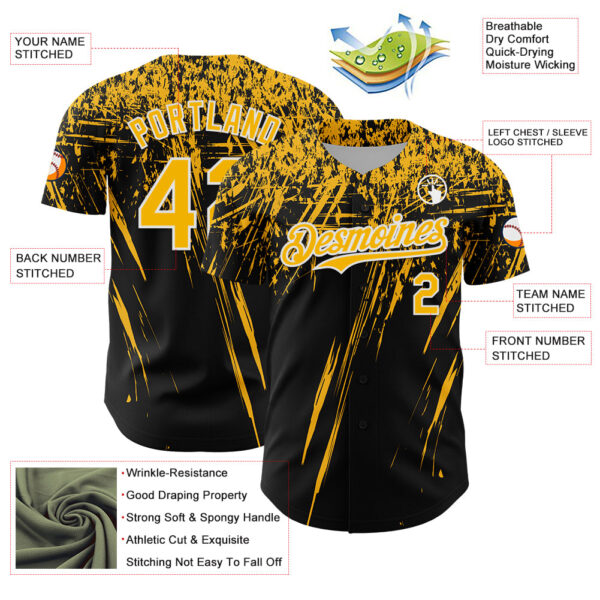 Custom Black Gold-White Distressed Scratch Brush Stroke Authentic Baseball Jersey