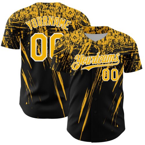 3DPattern13420 Custom Black Gold-White Distressed Scratch Brush Stroke Authentic Baseball Jersey
