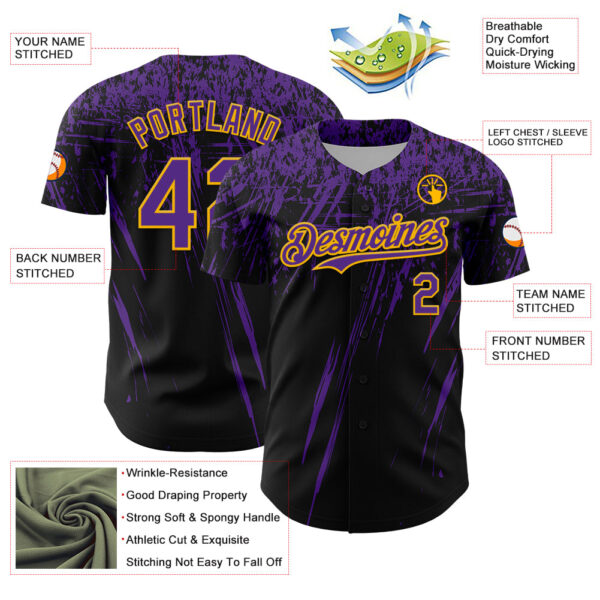 Custom Black Purple-Yellow Distressed Scratch Brush Stroke Authentic Baseball Jersey