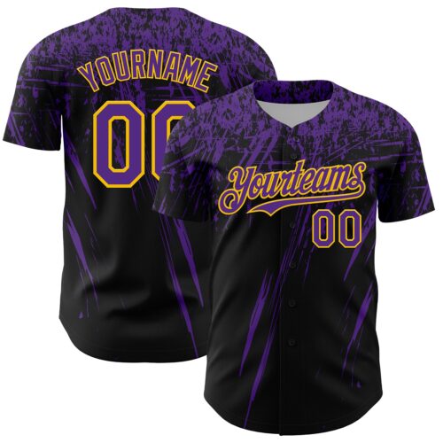3DPattern13423 Custom Black Purple-Yellow Distressed Scratch Brush Stroke Authentic Baseball Jersey