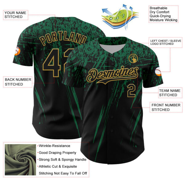 Custom Black Kelly Green-Old Gold Distressed Scratch Brush Stroke Authentic Baseball Jersey