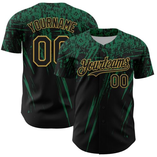3DPattern13424 Custom Black Kelly Green-Old Gold Distressed Scratch Brush Stroke Authentic Baseball Jersey