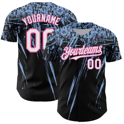 3DPattern13425 Custom Black White Light Blue-Pink Distressed Scratch Brush Stroke Authentic Baseball Jersey