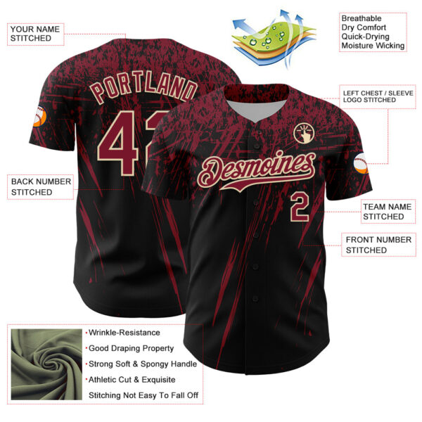 Custom Black Crimson-Cream Distressed Scratch Brush Stroke Authentic Baseball Jersey