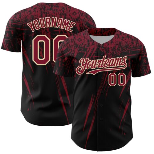 3DPattern13426 Custom Black Crimson-Cream Distressed Scratch Brush Stroke Authentic Baseball Jersey