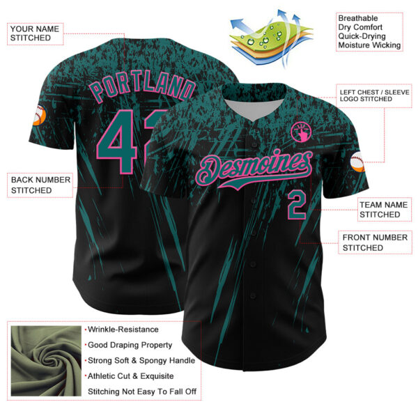 Custom Black Teal-Pink Distressed Scratch Brush Stroke Authentic Baseball Jersey