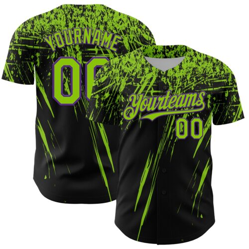 3DPattern13428 Custom Black Neon Green-Purple Distressed Scratch Brush Stroke Authentic Baseball Jersey
