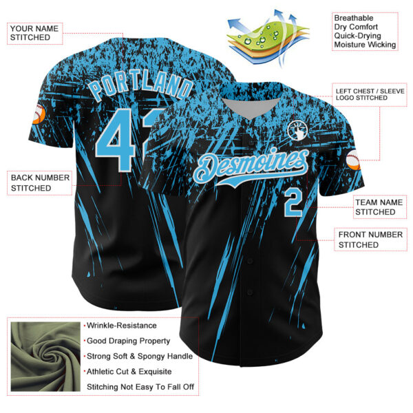 Custom Black Sky Blue-White Distressed Scratch Brush Stroke Authentic Baseball Jersey
