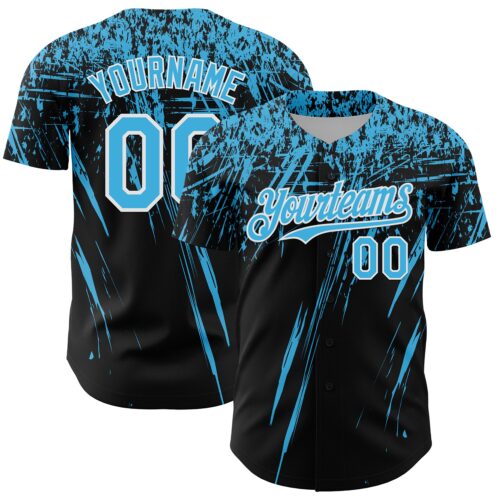 3DPattern13429 Custom Black Sky Blue-White Distressed Scratch Brush Stroke Authentic Baseball Jersey
