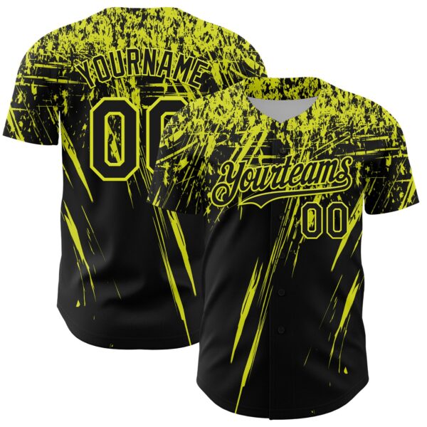 Custom Black Neon Yellow Distressed Scratch Brush Stroke Authentic Baseball Jersey