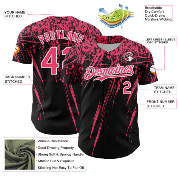 Custom Black Neon Pink-White Distressed Scratch Brush Stroke Authentic Baseball Jersey