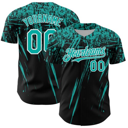 3DPattern13437 Custom Black Aqua-White Distressed Scratch Brush Stroke Authentic Baseball Jersey