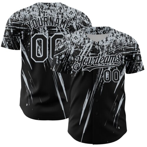 3DPattern13439 Custom Black Silver Distressed Scratch Brush Stroke Authentic Baseball Jersey
