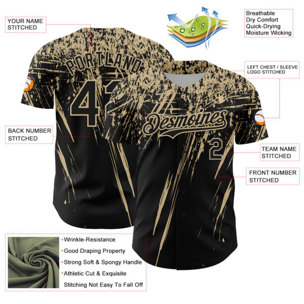 Custom Black Vegas Gold Distressed Scratch Brush Stroke Authentic Baseball Jersey