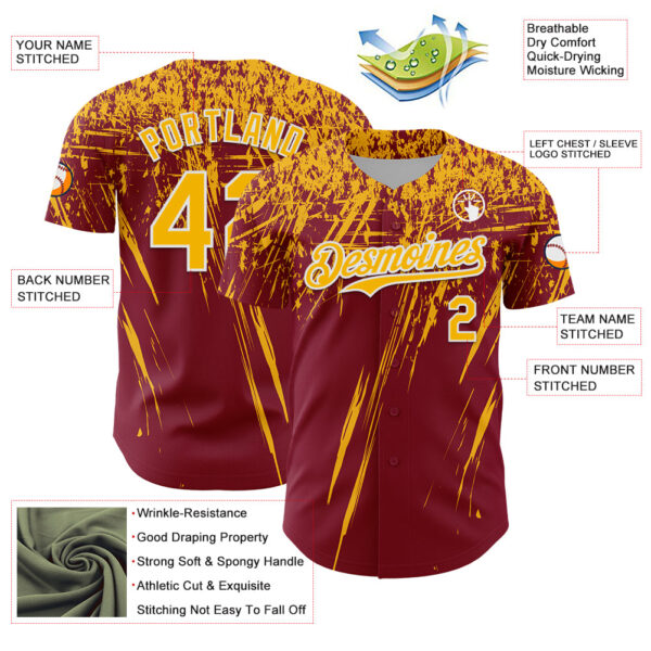 Custom Crimson Gold-White Distressed Scratch Brush Stroke Authentic Baseball Jersey