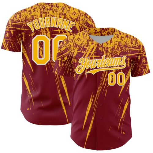3DPattern13462 Custom Crimson Gold-White Distressed Scratch Brush Stroke Authentic Baseball Jersey