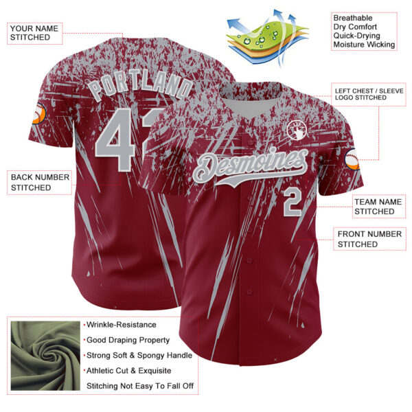 Custom Crimson Gray-White Distressed Scratch Brush Stroke Authentic Baseball Jersey